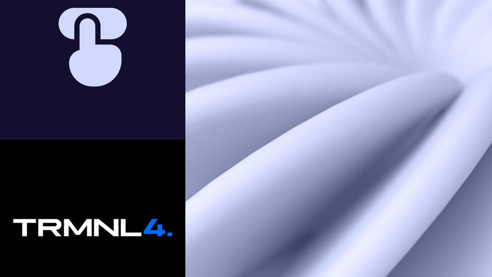 Абстрактна обкладинка з логотипами TRMNL4. на темному тлі ліворуч і світло-ліловою 3D-спіраллю праворуч.