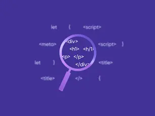 Лупа, що збільшує HTML-теги на фіолетовому фоні — символ перевірки та SEO-аналізу коду вебсторінки