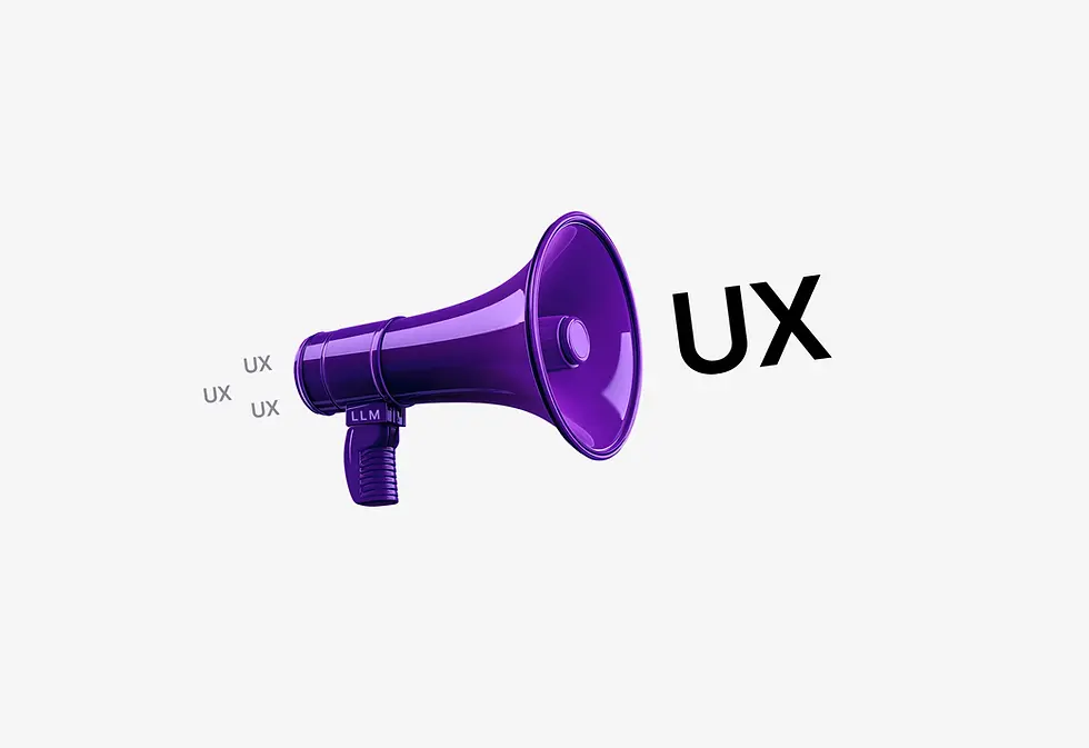 Фіолетовий мегафон з написом LLM на ручці, з якого лунає слово UX. Ця ілюстрація символізує, як великі мовні моделі (LLM) посилюють і поширюють важливість якісного досвіду користувача (UX)