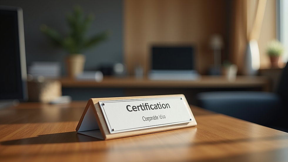 Eye-level view of a certification plaque on a wooden desk