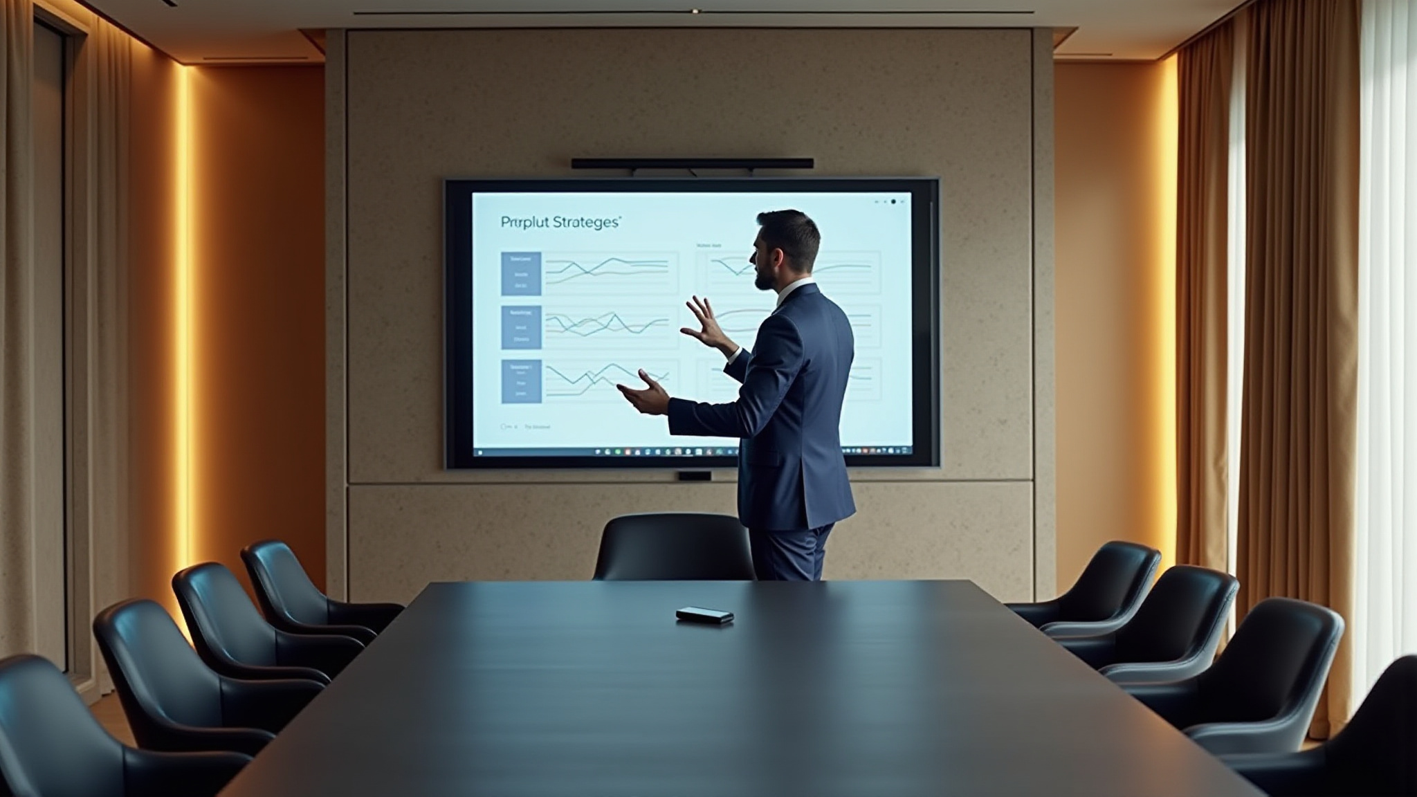 Businessman giving presentation, "Result & Strategies", charts