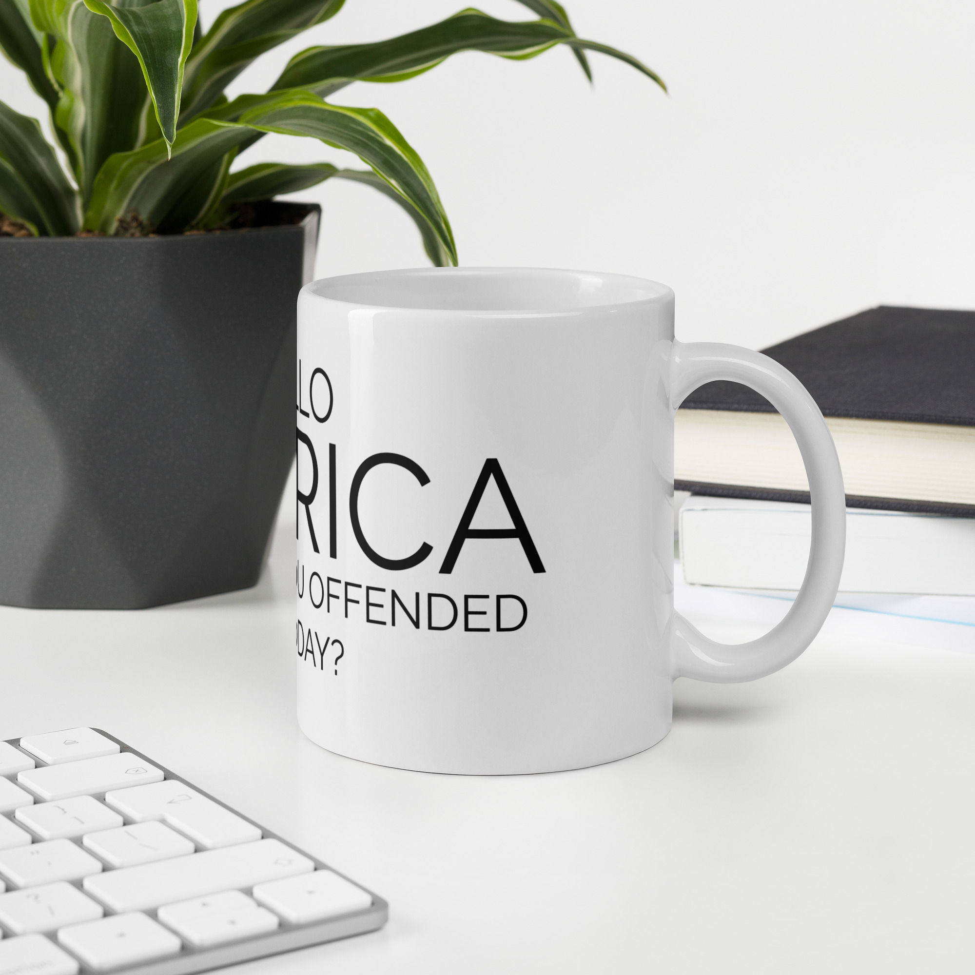 HELLO AMERICA WHAT ARE YOU OFFENDED BY TODAY? WHITE MUG