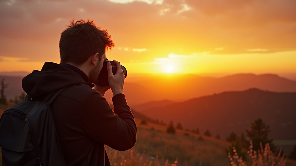 Eye-level view of a photographer capturing a sunset over a serene landscape