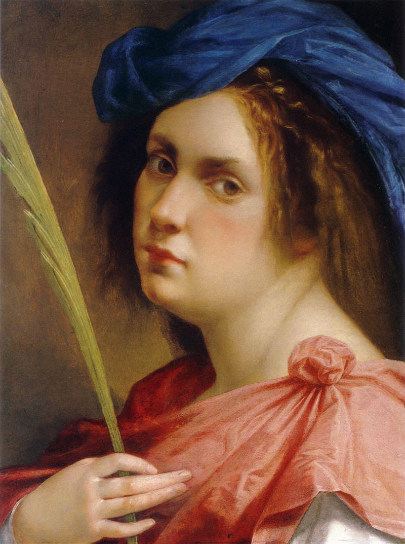 A self-portrait of Artemisia Gentileschi, an Italian Renaissance artist, wearing a blue headpiece.