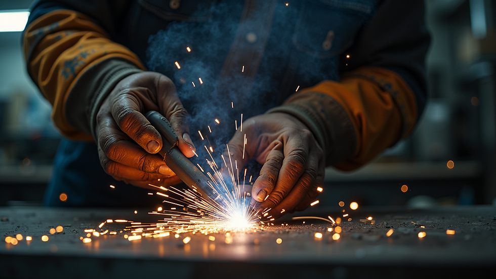 Eye-level view of a metalworker welding a custom metal frame