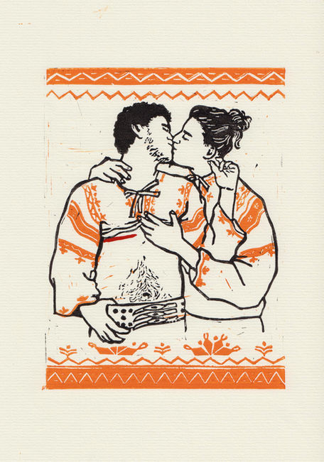 Lino Prints
The High Seas, A5ish, 2024.
For Nothing in the World, A5, 2022.
Trans Minotaur, A5, 2023.
Gay trans men wearing traditional folk dress from Detva, Slovakia; A5, 2023.