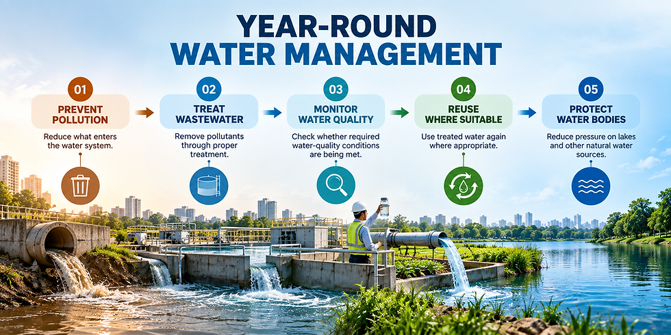 Year-round water management process covering pollution prevention, wastewater treatment, water quality monitoring, reuse and water body protection