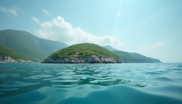 Eye-level view of Isle of Man coastline with clear blue sea and green hills