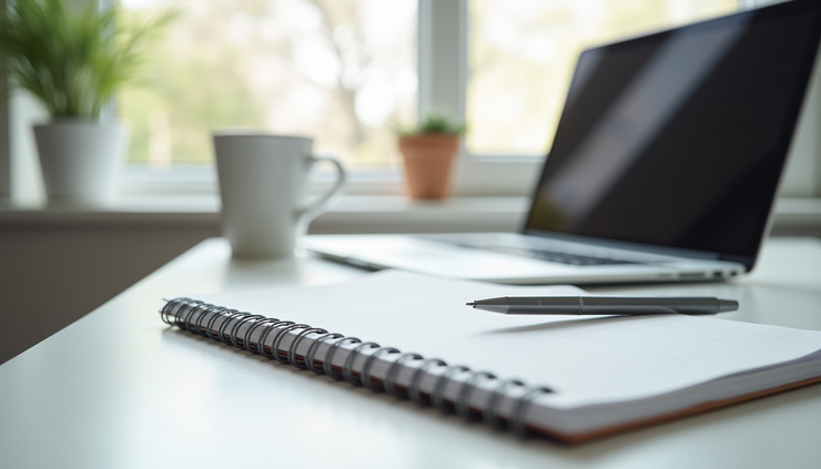 Eye-level view of a professional workspace with a laptop and career planning notes