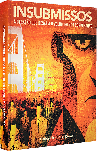 Capa do livro "Insubmissos". Arte em tons de laranja e preto de uma multidão e uma figura gigante.