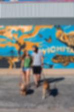 Man and woman walking with two dogs in front of a mural that says "Wichita"
