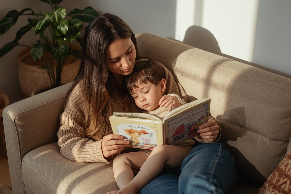 A parent and young child reading a bilingual picture book together on a cosy sofa, with natural light and wooden toys nearby