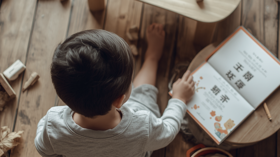 A preschool-age child sitting on a wooden floor arranging natural materials beside open bilingual picture books, in a calm Reggio-inspired setting