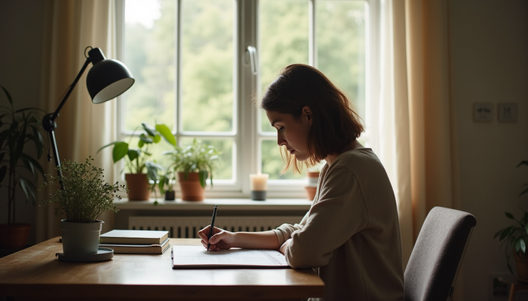 Eye-level view of a person writing in a journal with a calm background