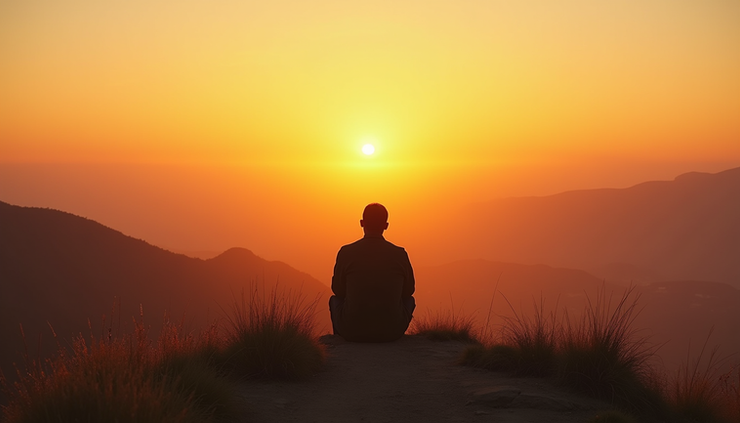 Eye-level view of a person sitting quietly on a hilltop watching the sunrise