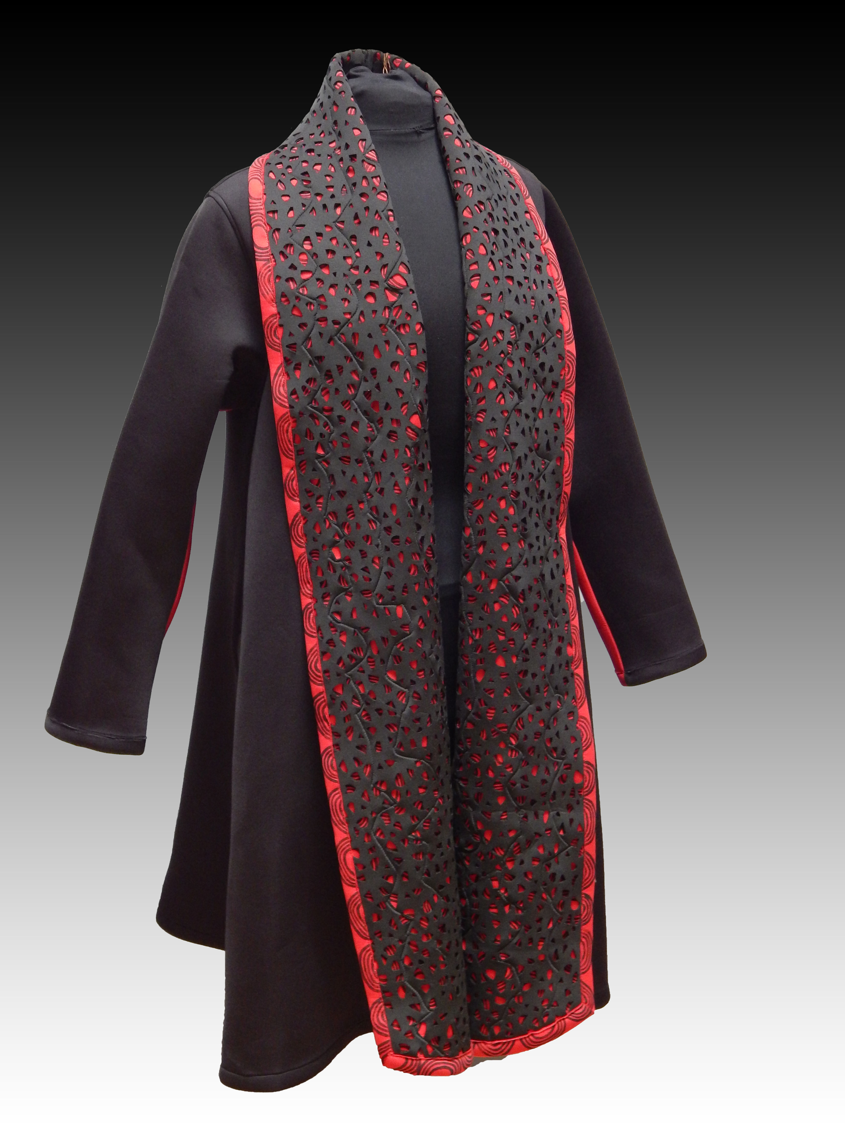 Black and Red Fashion  Neoprene Laser cut Shawl Collar Coat