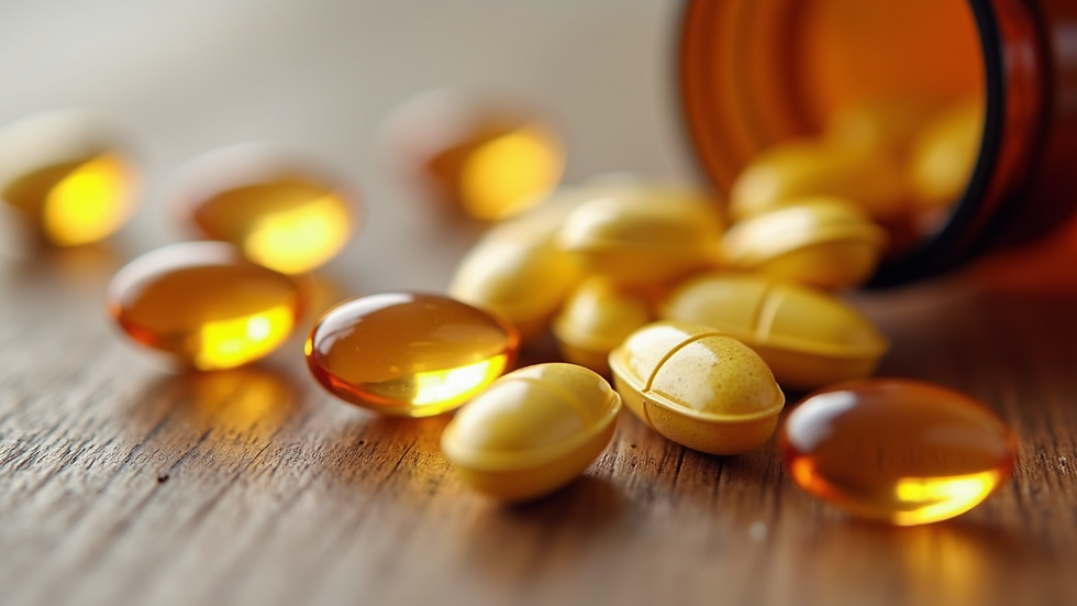 Close-up view of vitamin D supplement capsules on a wooden surface