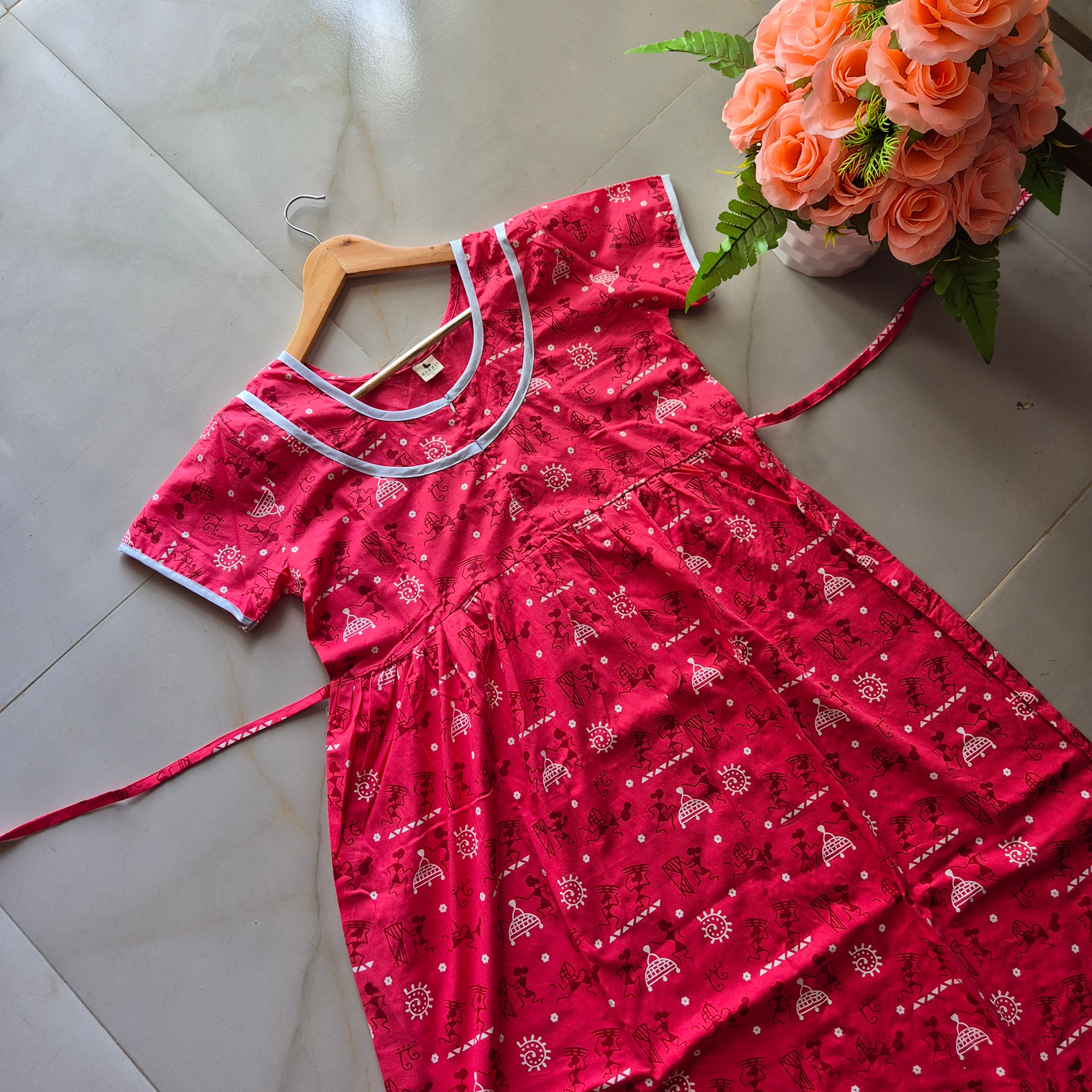 Peach warli pattern casual/ Feeding maxi