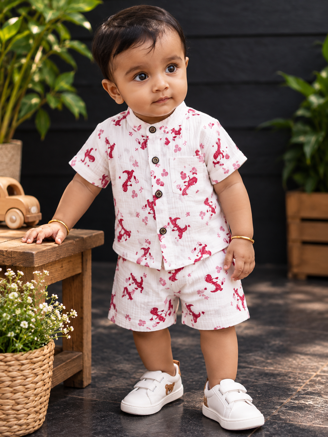 White red Dino mandarin collar muslin shorts set