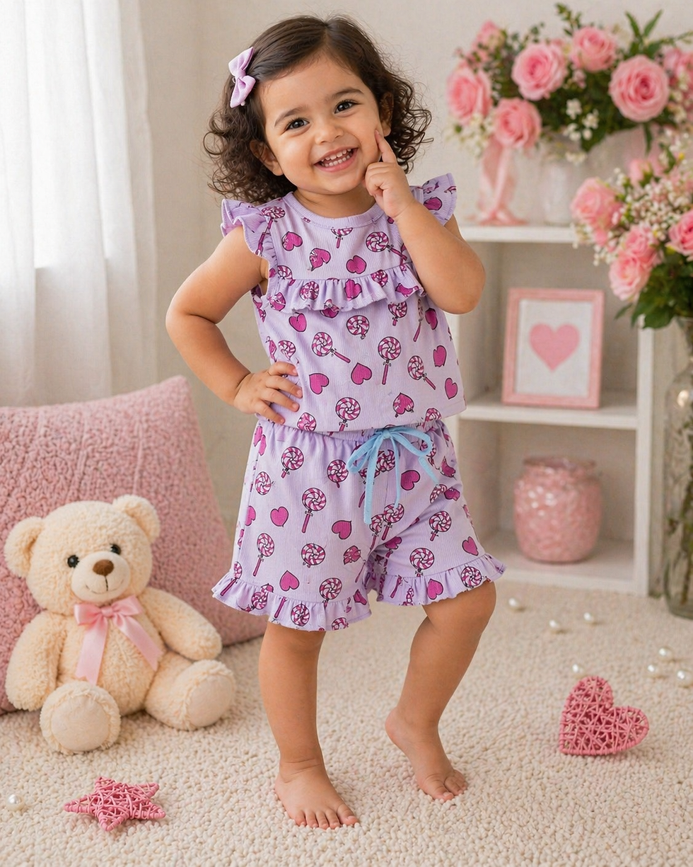 Thumbnail: Lavender hearts frill Sleeveless Co-ord sets