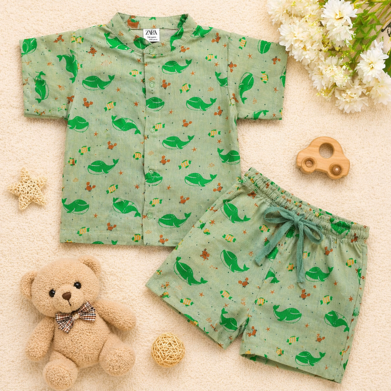 Green dolphin muslin chinese collar button style co-ord set