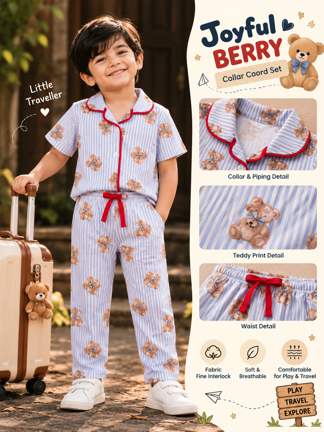 Blue stripe deddy collar shirt & pant Co-ord set