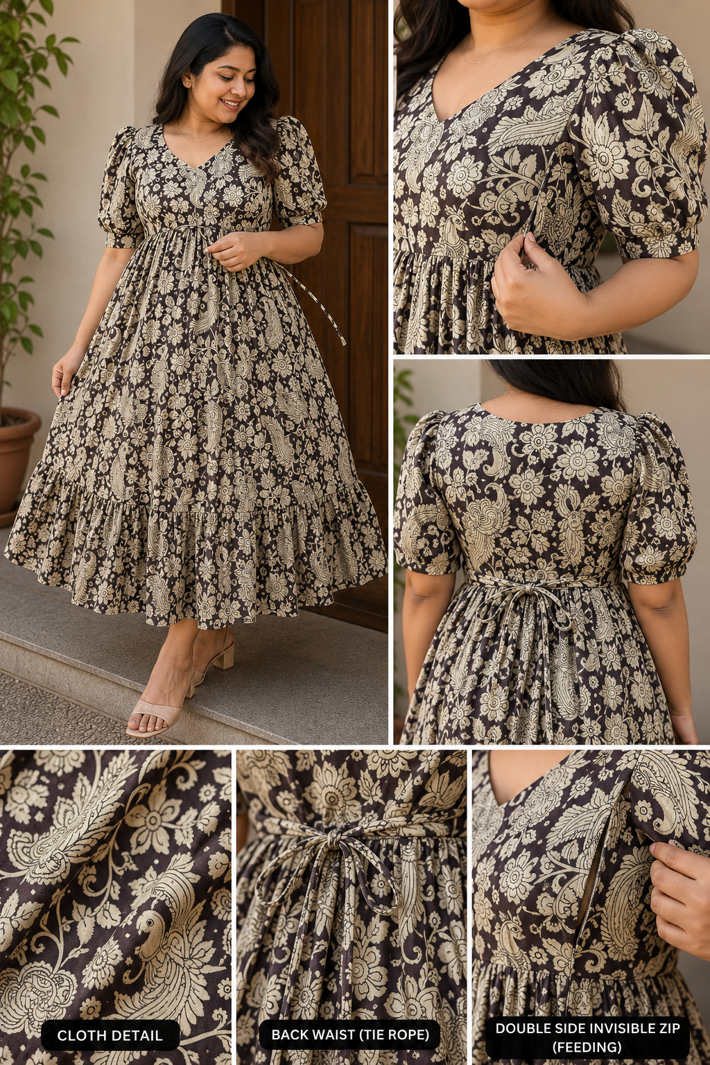 Black Kalamkari cotton  Zipped Feeding Kurthi