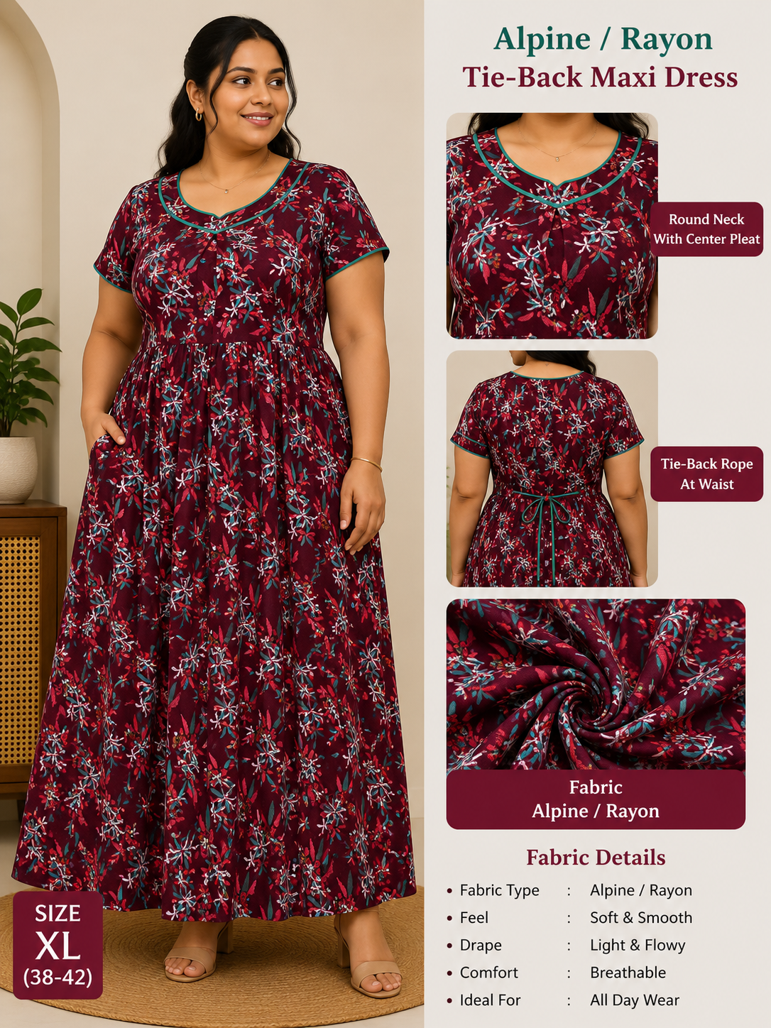 Maroon Coconut Pattern Rayon Casual /Feeding Maxi