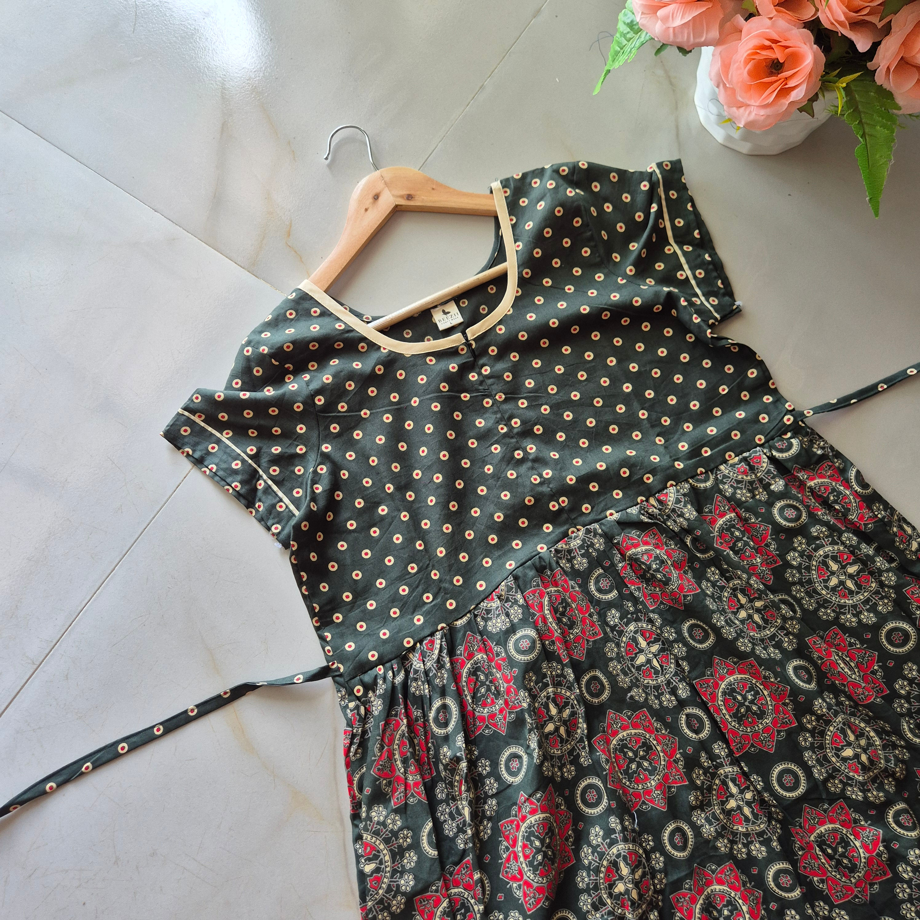 Green Ajrakh Pattern feeding\Casual maxi