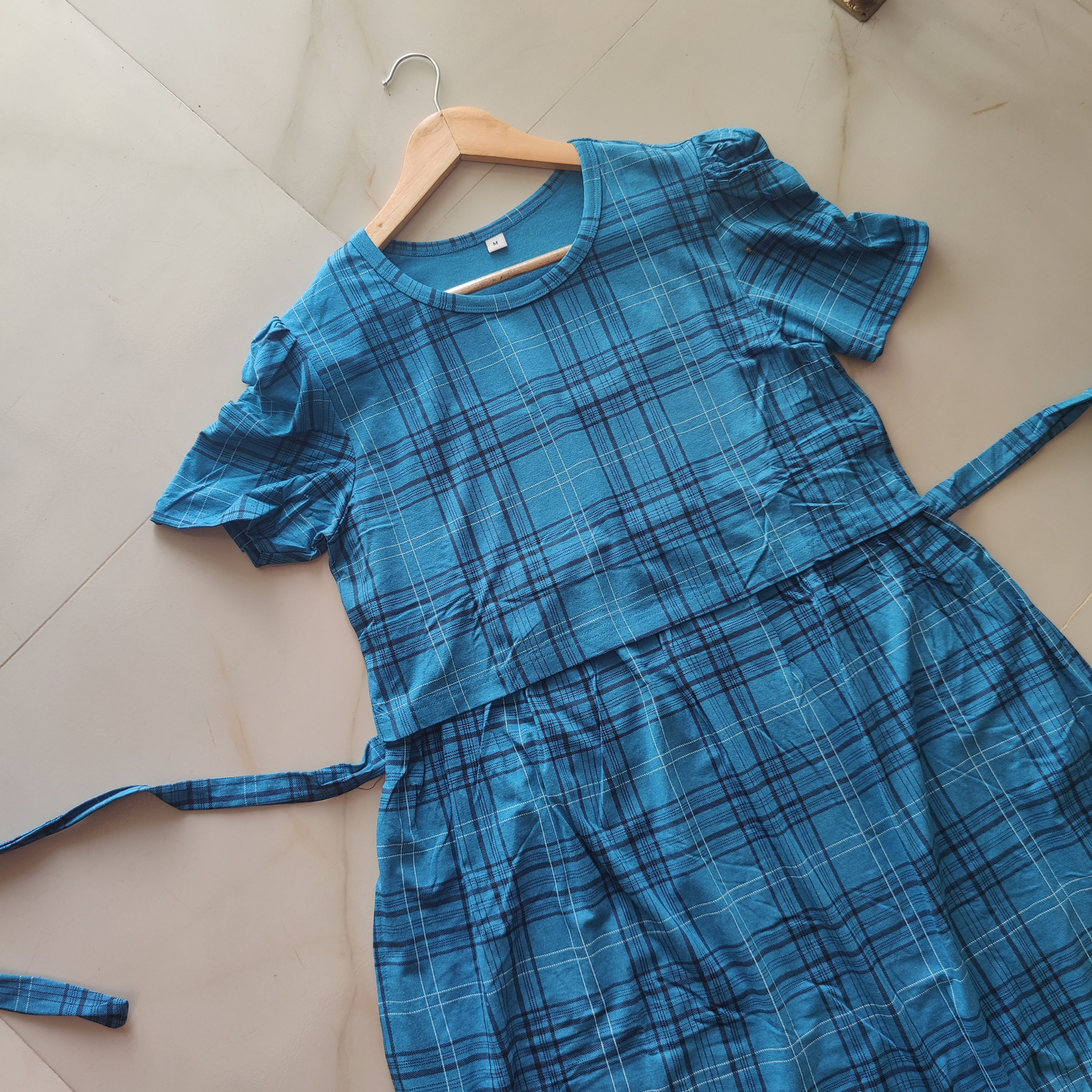 Blue checks cotton Lycra Full length Zipless maxi