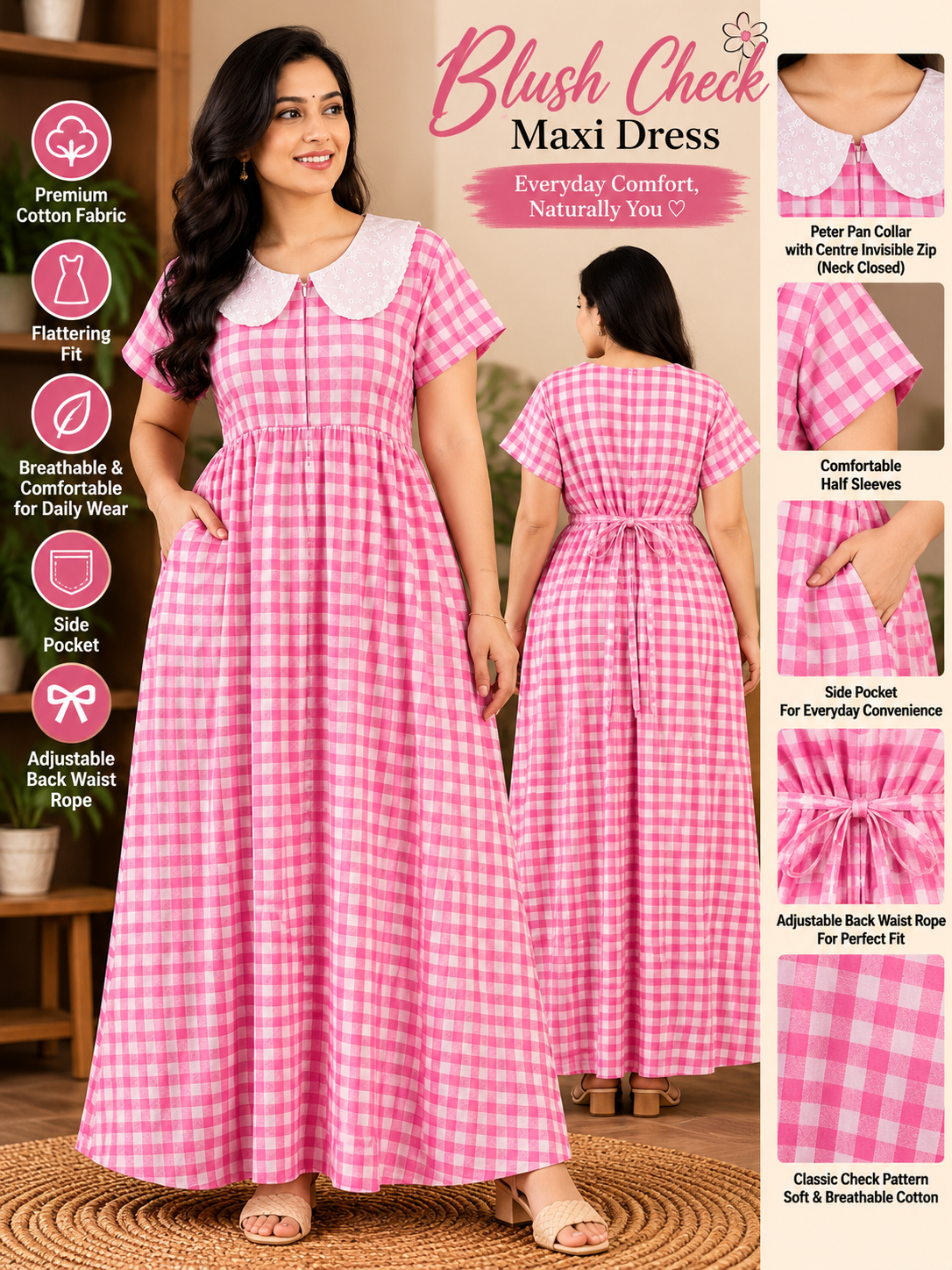 Pink check peter pan collar Cotton centre zip casual maxi