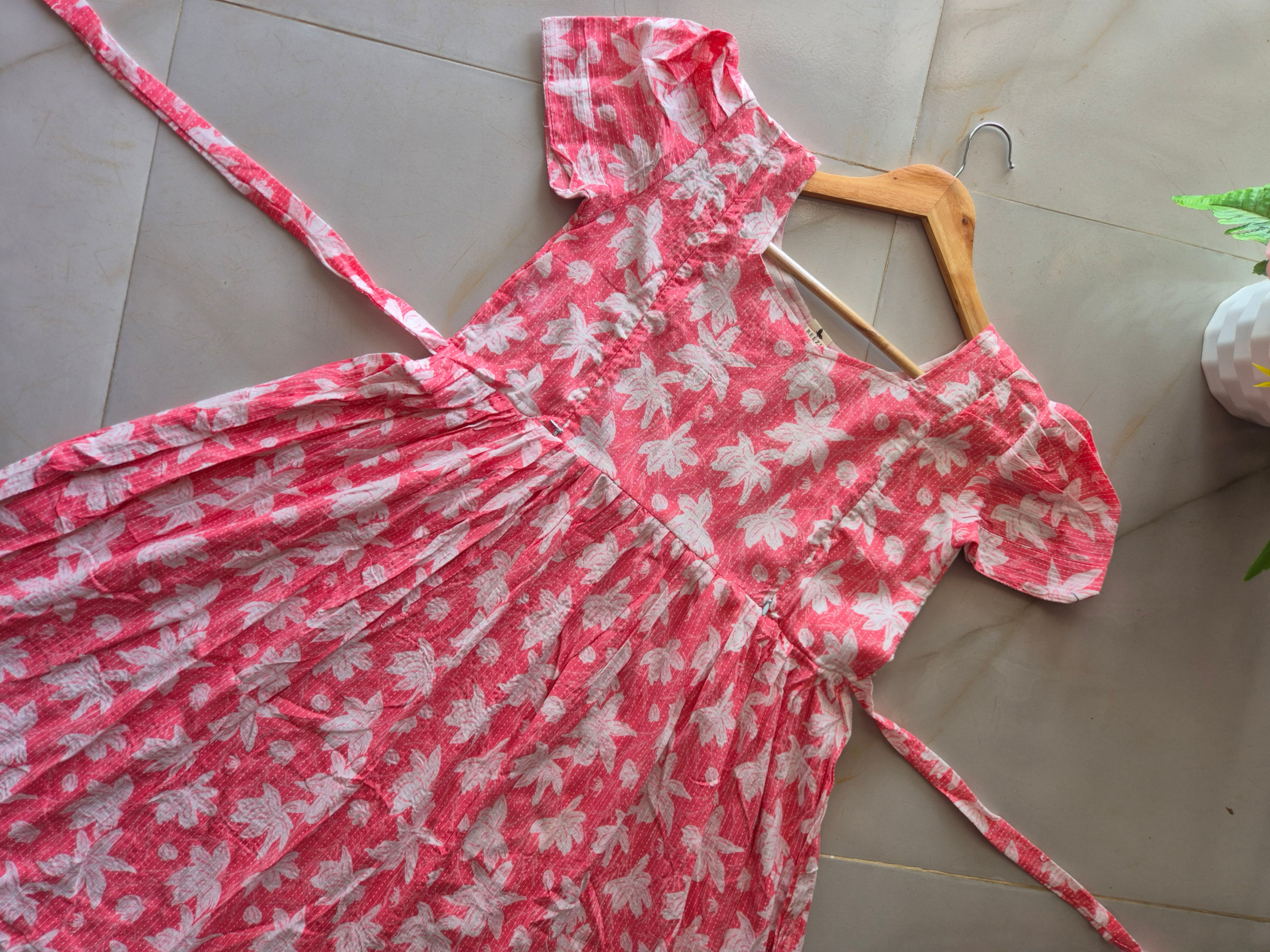 White Peach Katha work Cotton Zipped Feeding Kurthi