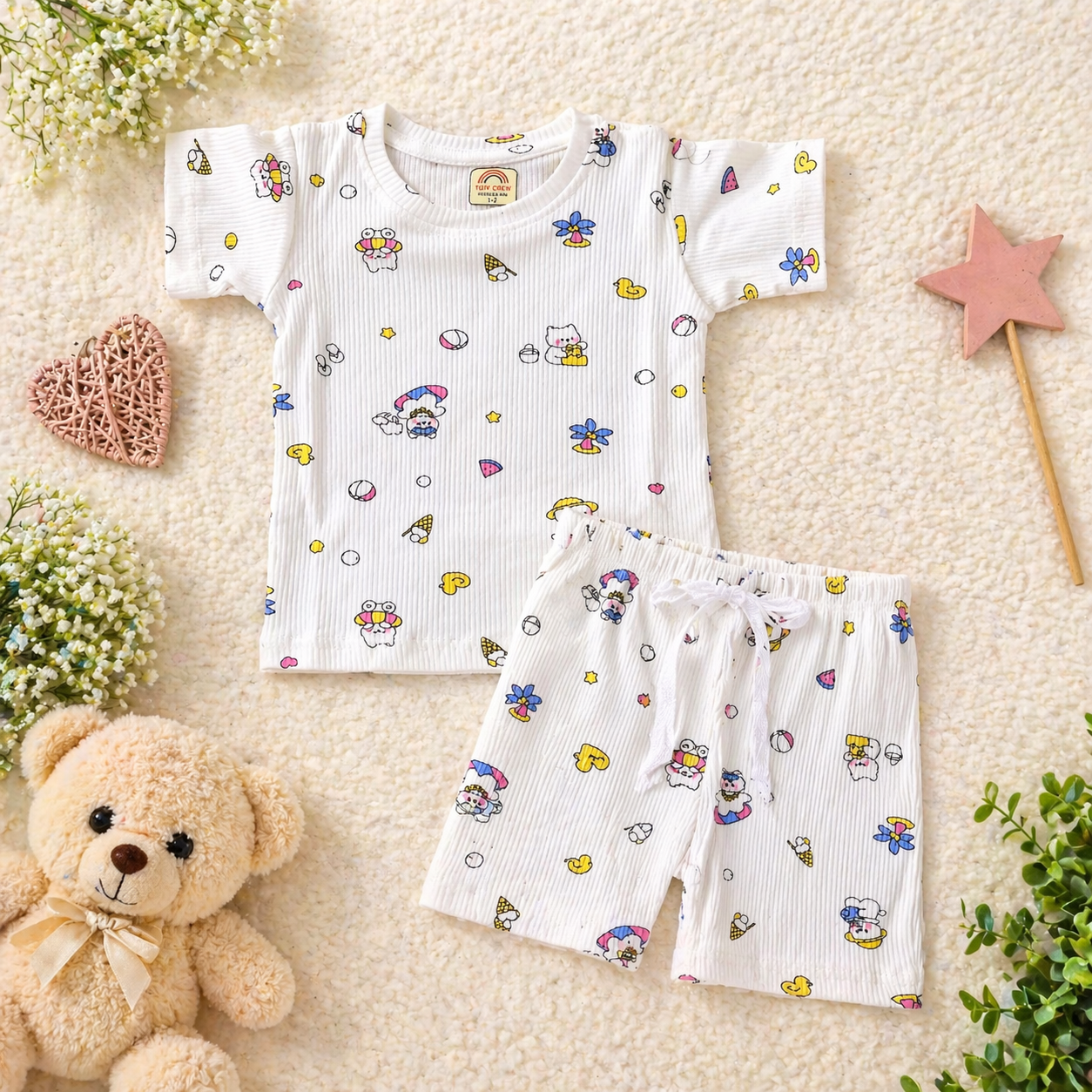 White kitty Half Sleeve shorts set
