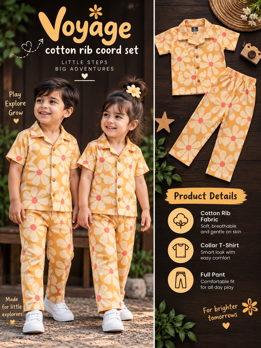 Sun daisy voyage Cotton Rib collar shirt & pant Co-ord set