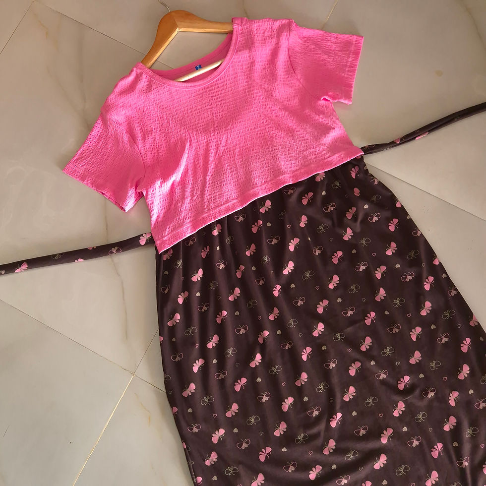 Thumbnail: Pink and coffee brown bow Dual tone  Rib cotton lycra Zipless maxi