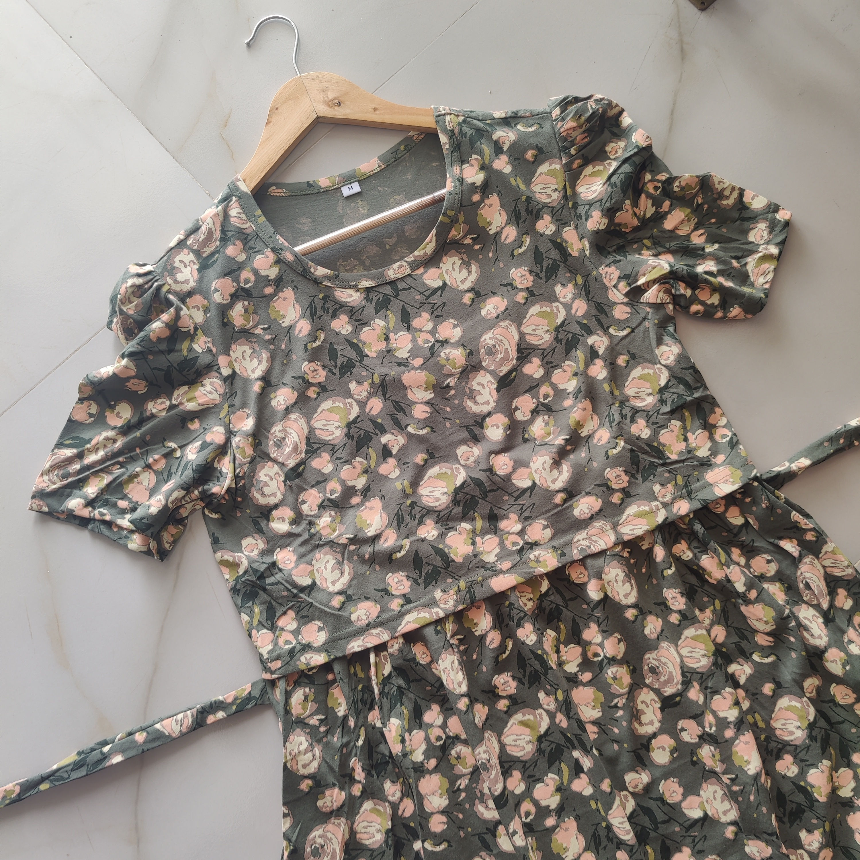 Army Green Floral cotton Lycra Zipless maxi