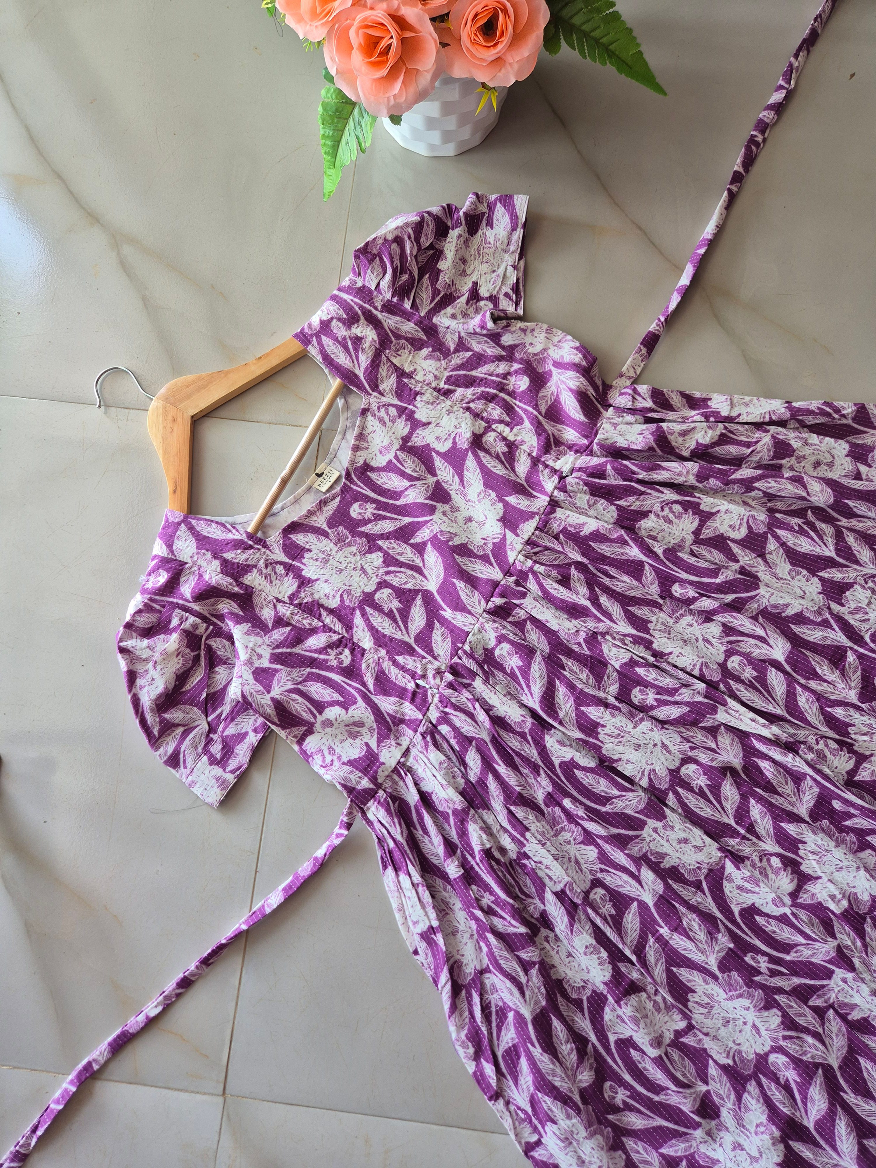 White Purple Katha work Cotton Zipped Feeding Kurthi