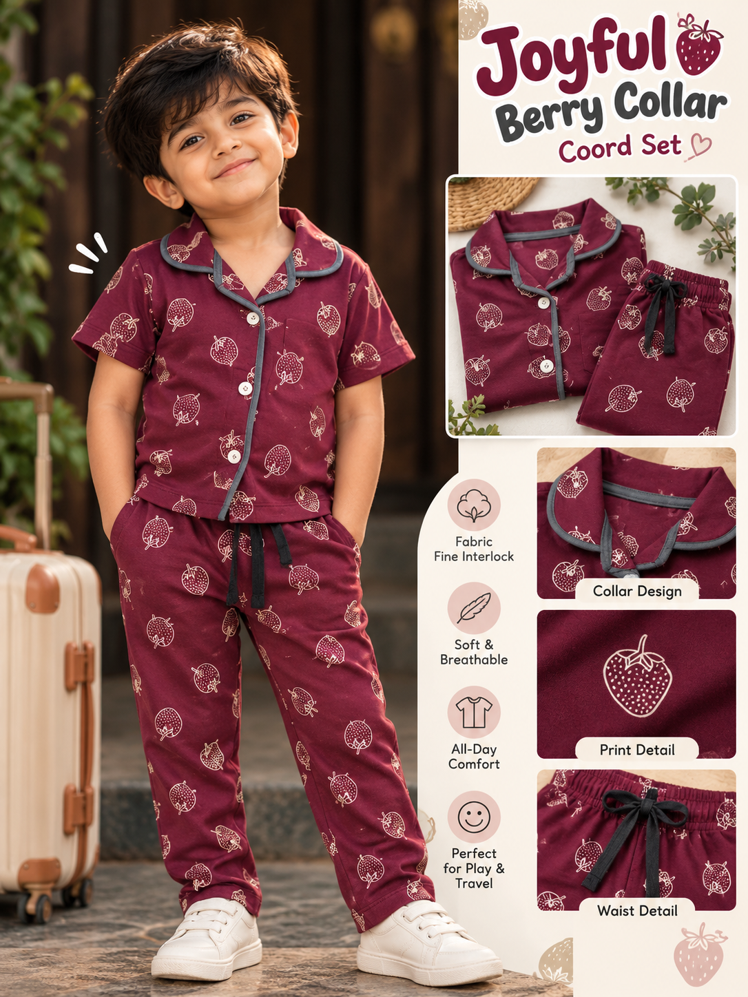 Wine strawberry collar shirt & pant Co-ord set