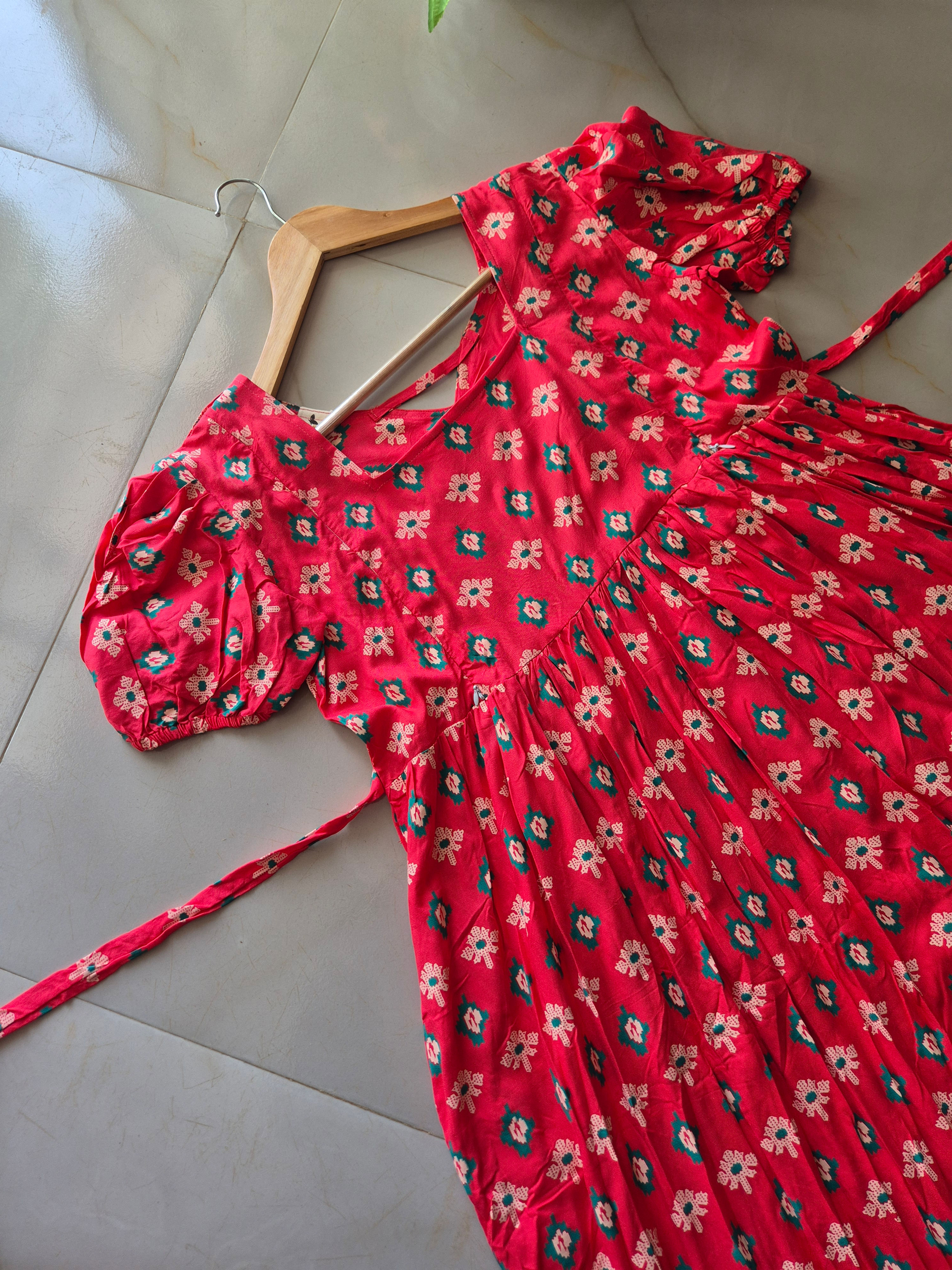 Coral Pink Ikkat pattern Rayon Zipped Feeding Kurthi