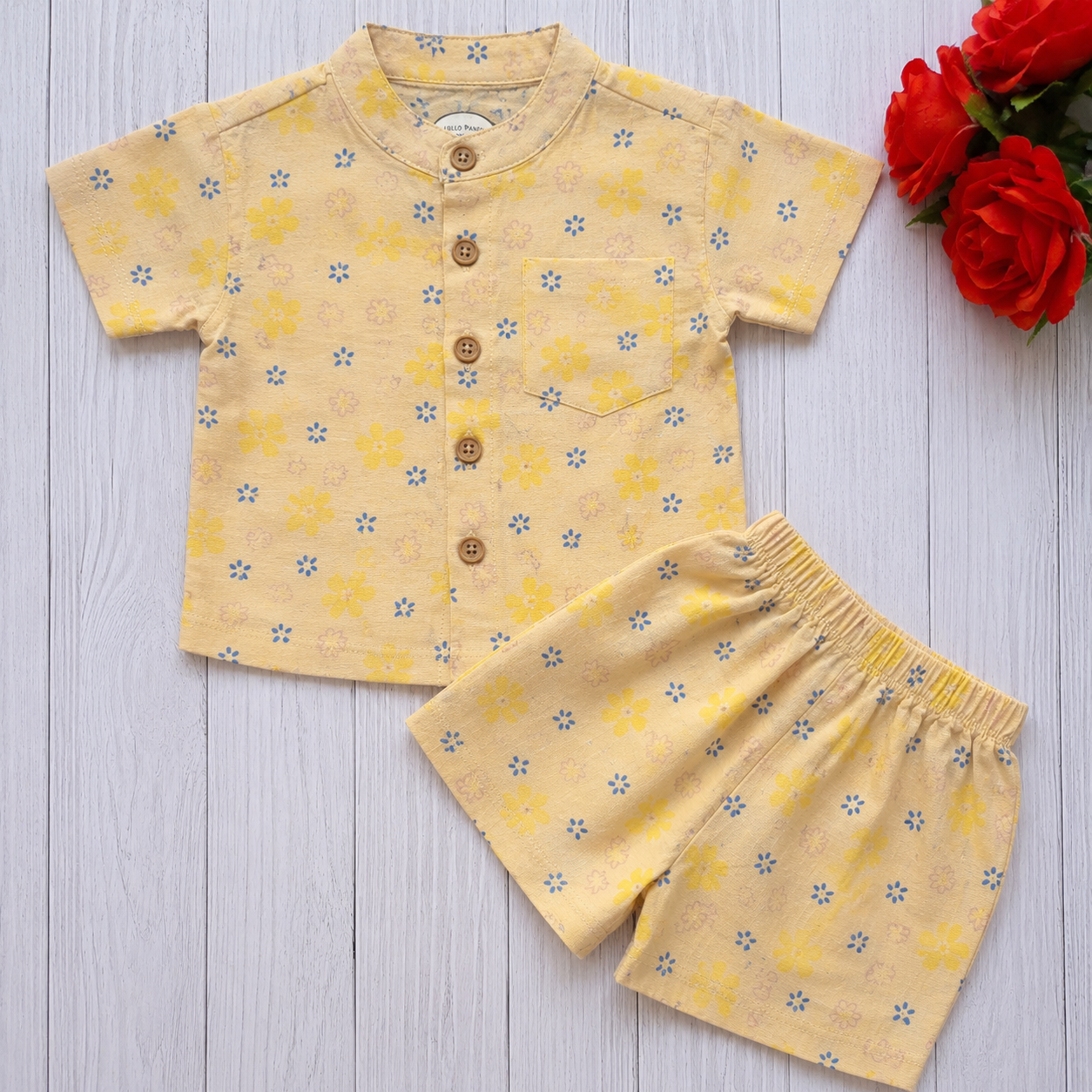 Beige floral muslin chinese collar button style co-ord set