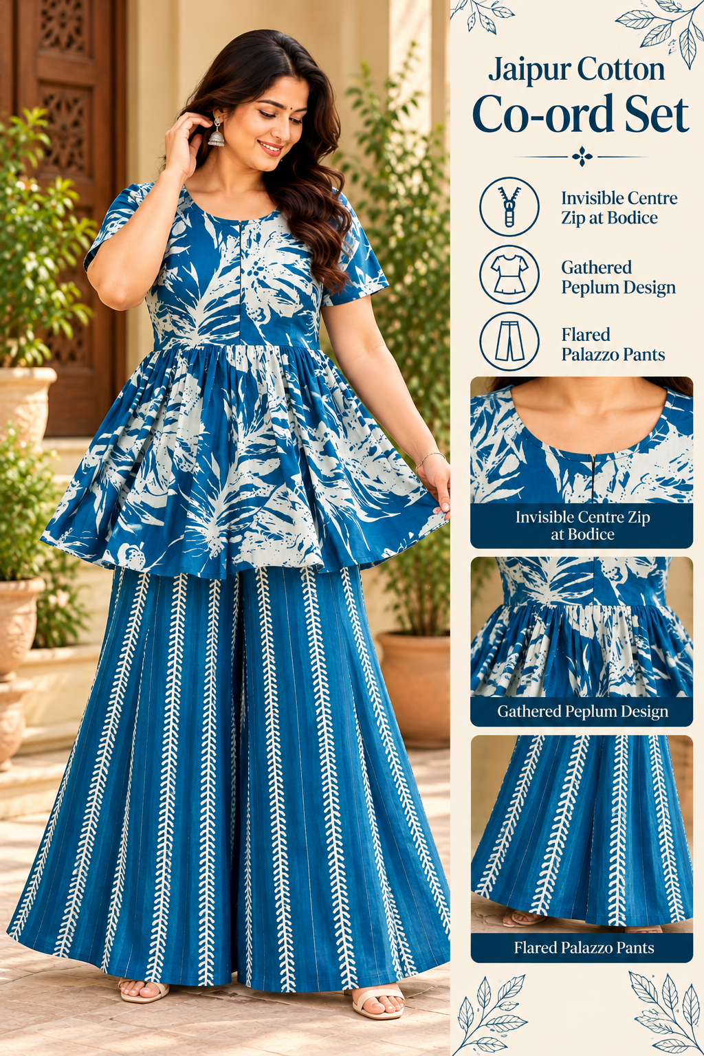 Azure blue big leaf happy tales Jaipur cotton peplum co-ord set