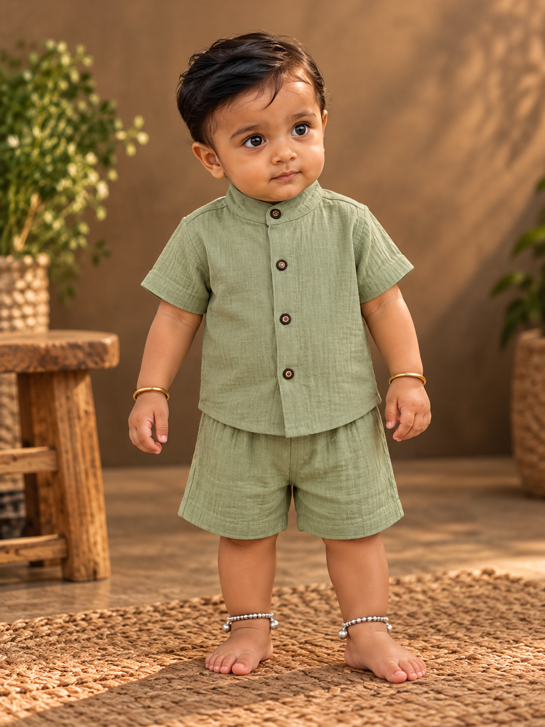 Pista green plain mandarin collar muslin shorts set