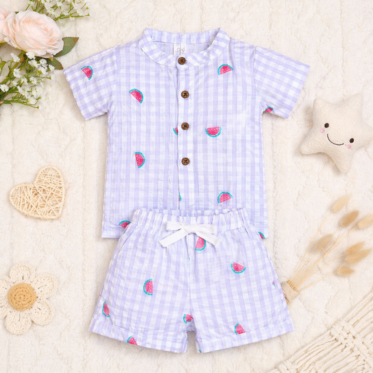 Checks watermelon muslin chinese collar button style co-ord set