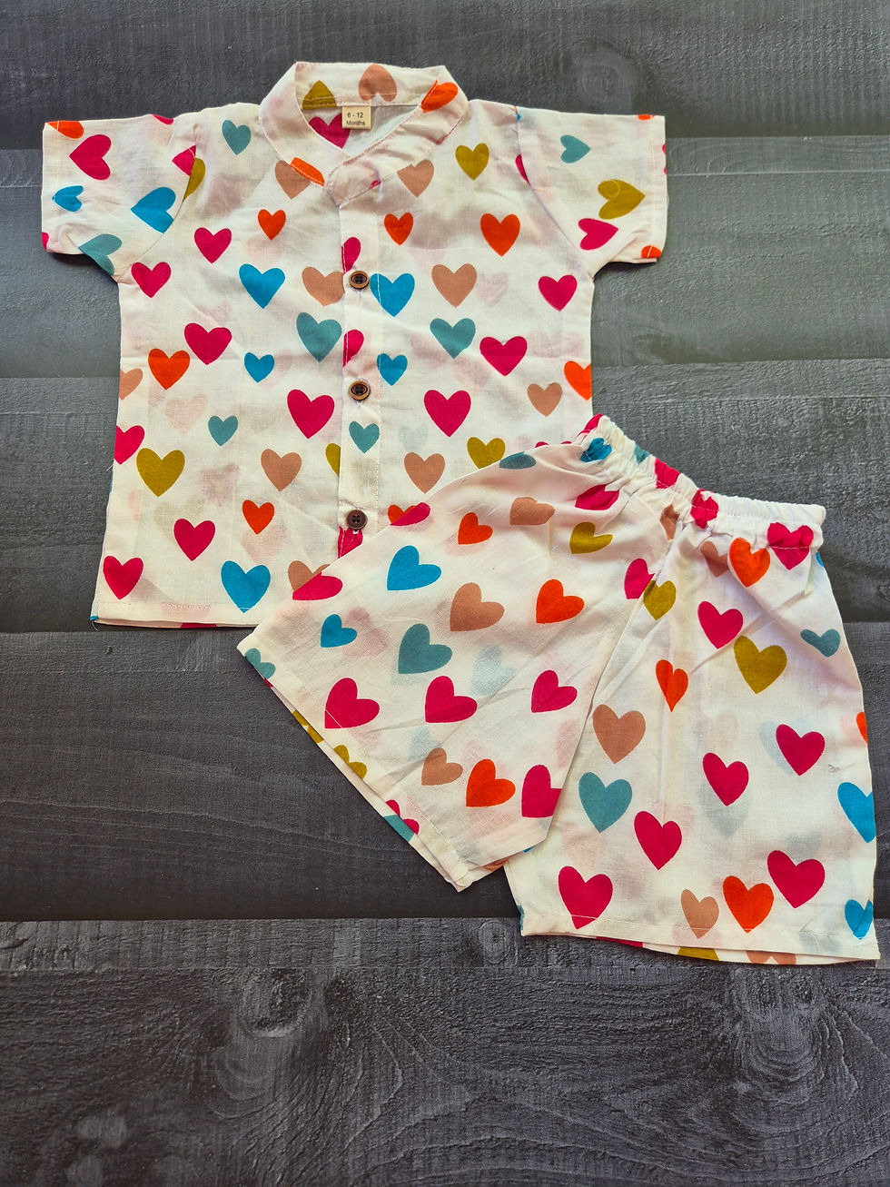 Thumbnail: Colourful hearts Jaipur cotton collar button style co-ord set