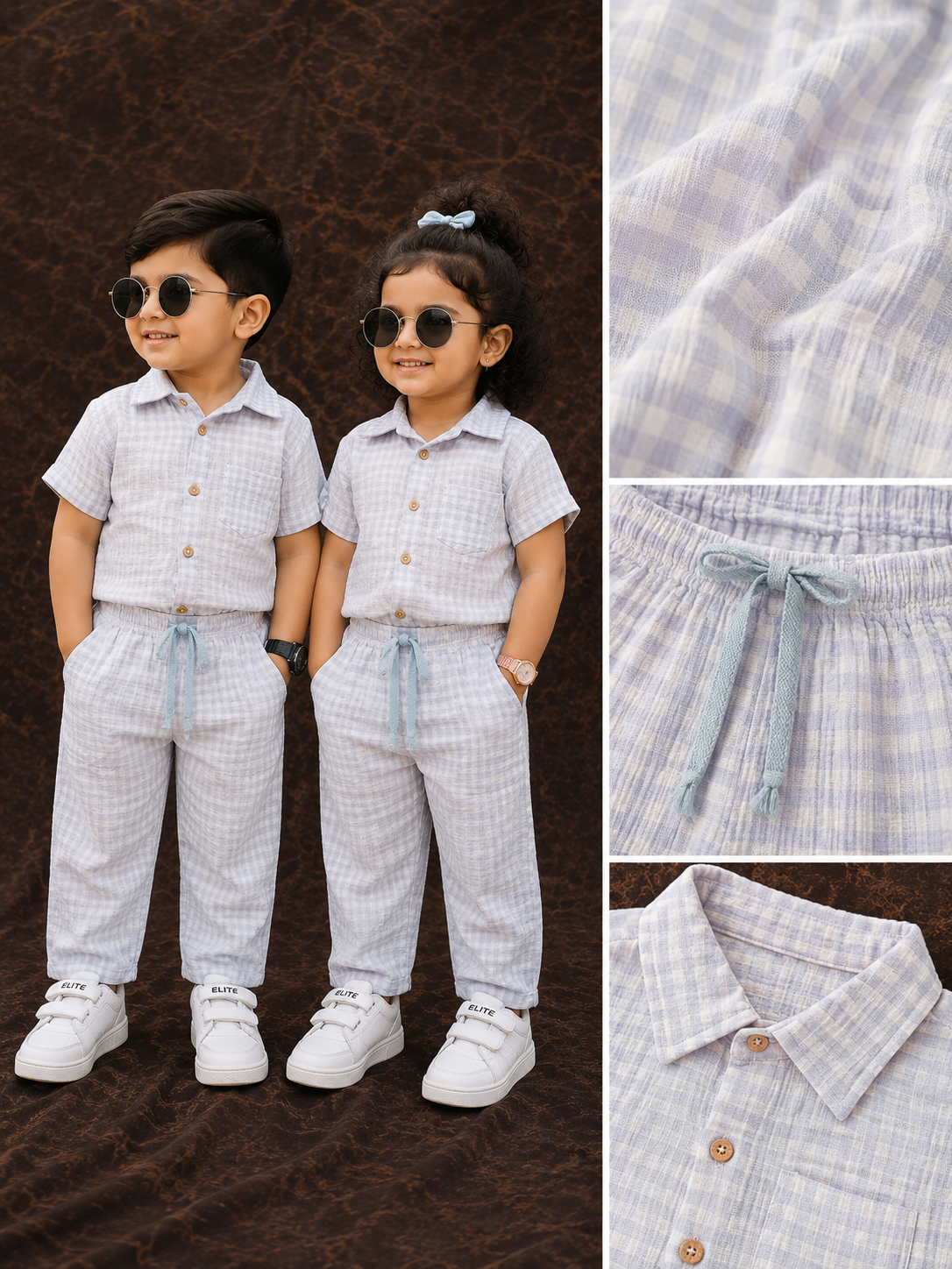 Blue check muslin collar button style co-ord set