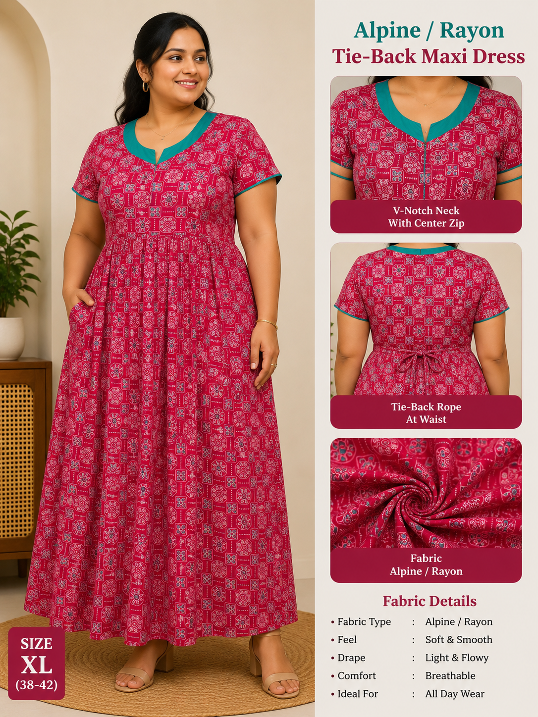 Red Rayon Ajrakh cotton Casual /Feeding Maxi RRA001