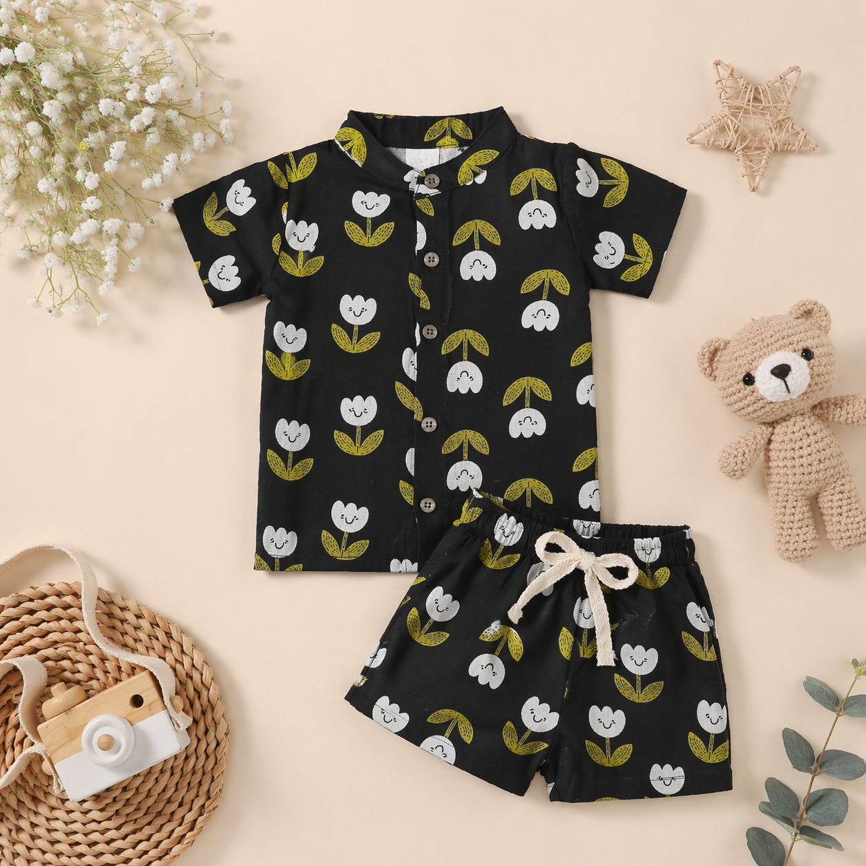 Black Tulip muslin chinese collar button style co-ord set