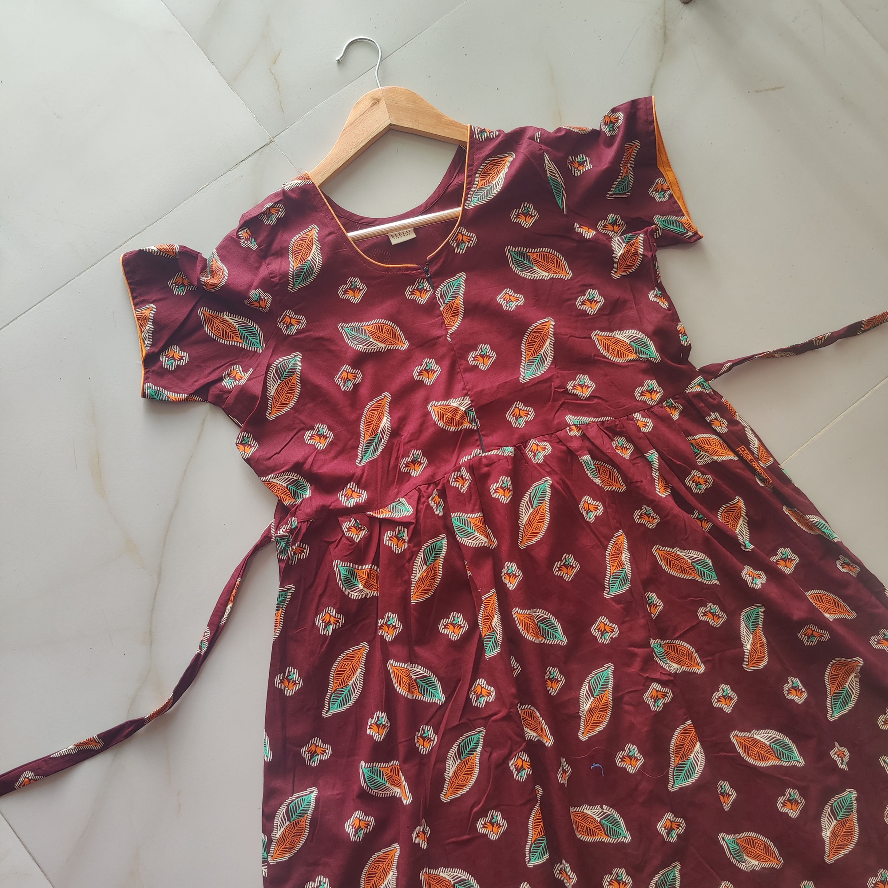 Maroon Leafy pattern Cotton normal maxi