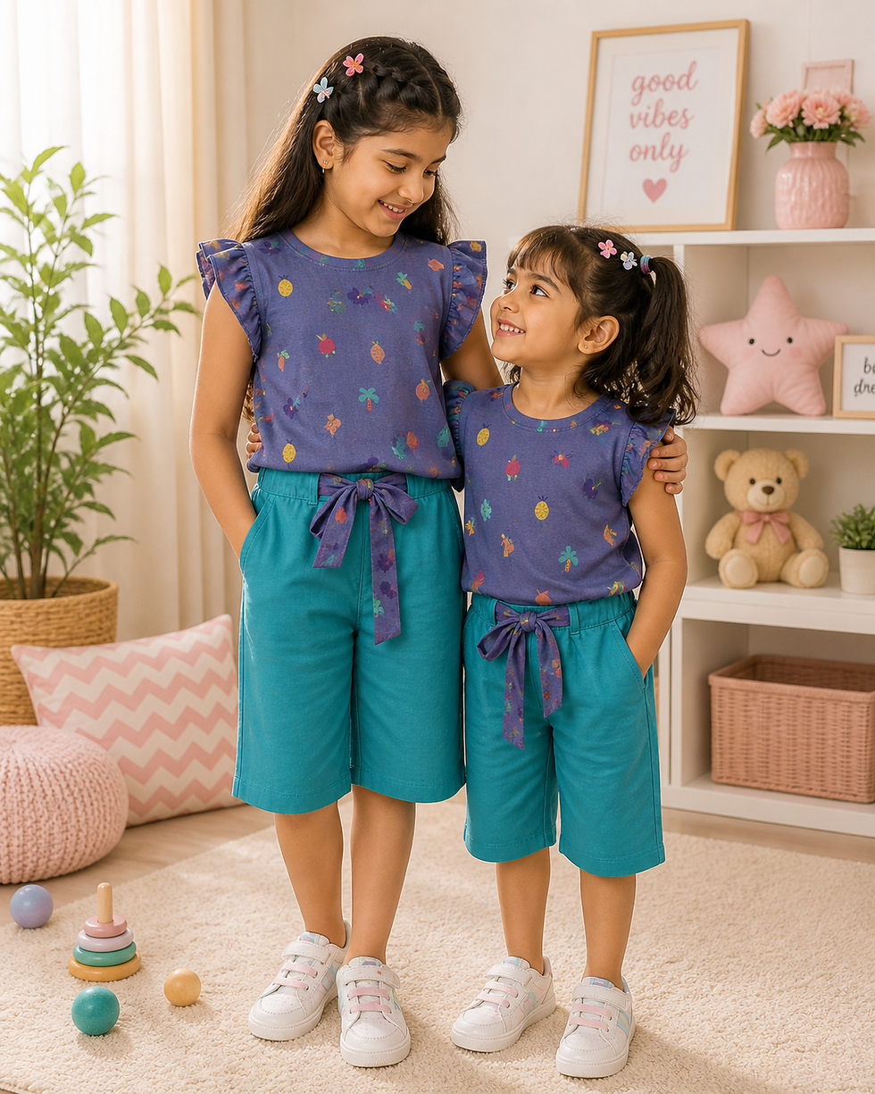 Thumbnail:  Sapphire blue Fruit Frill Girls Trendy shorts set