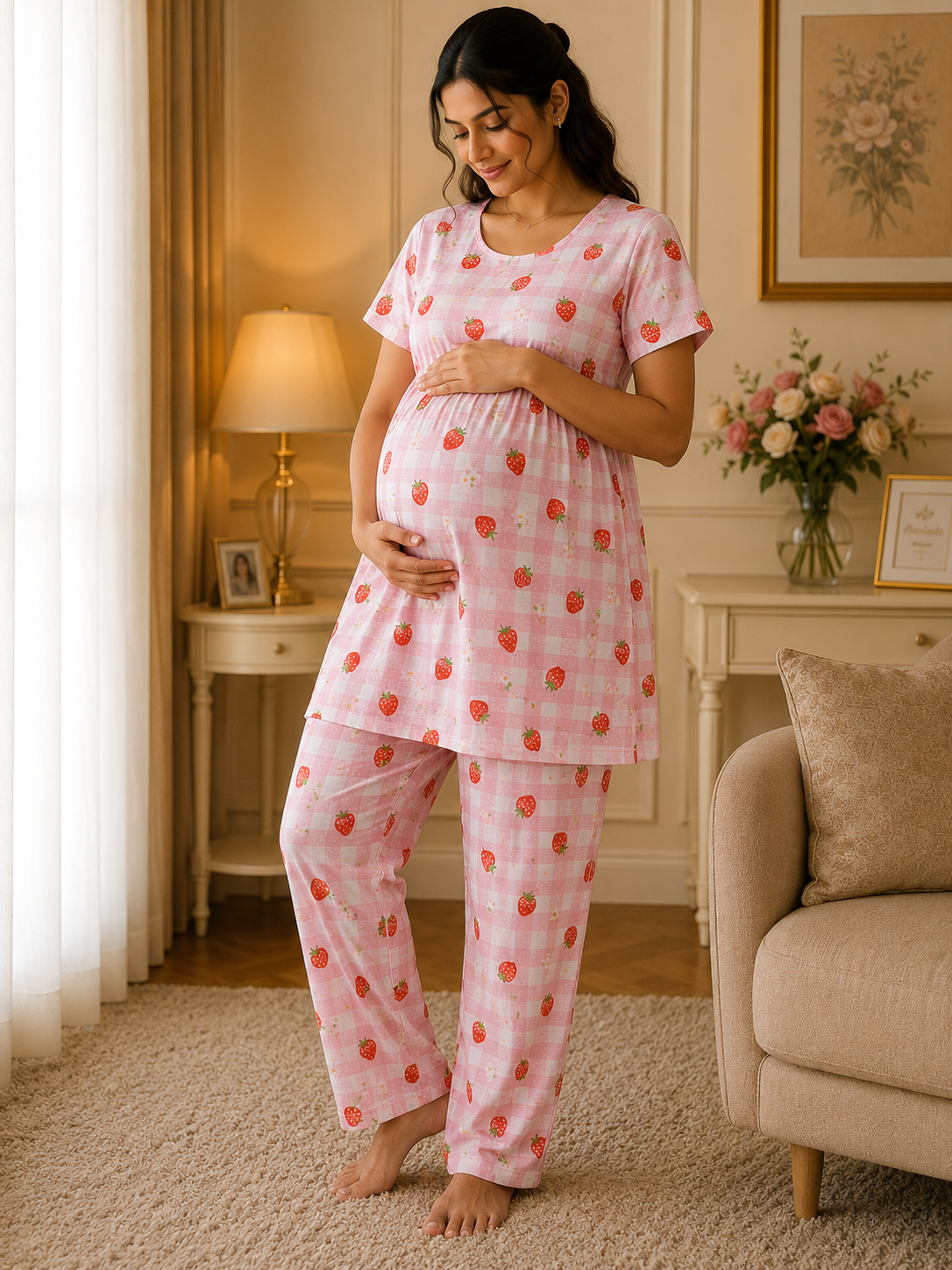 Pink check strawberry premium peplum feeding coord set